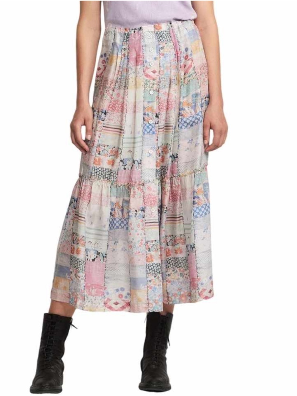 Raquel Allegra Allegra Garden Diary Patchwork Print Midi Skirt